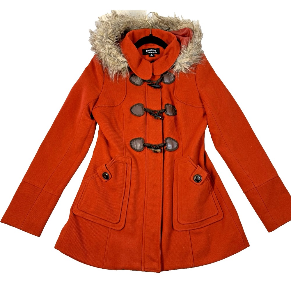Coffee Shop Women Peacoat M Coat Jacket Y2K Toggle Orange Faux Removable Hood